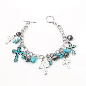 Vintage Ethnic Cross Pendant Bangle Western Cowboy Beach Bracelet Bohemian Chic Turquoise Beads OT Buckle Handmade Cross Drop Vacation Bracelet Party Birthday Gift