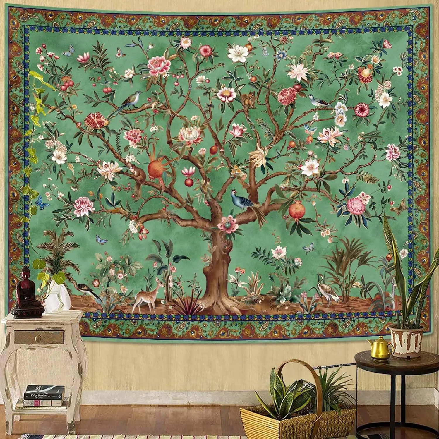 Vintage Boho Tree of Life Tapestry - Synthetic Wall Decor with Floral Designs, Leaves, Birds, Plants, Animals, Novelty Print, Retro Indian Bohemian Green Home Room Accessory, Vibrant, Small Animals Add Playful Charm