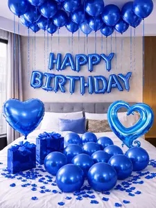 538pcs Blue Happy Birthday Balloon Decorations Set, Heart Balloons, Blue Latex Balloons and Rose Petals for Birthday Surprise Room Decor, Party Backdrop and Photo Booth