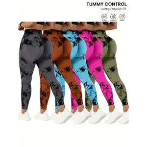 5-Pack High Waist Tummy Control Yoga Pants For Women, Summer Tie.Dye Fitness Leggings, Stretchy Running Peach Lift Workout Tights, Assorted Colors