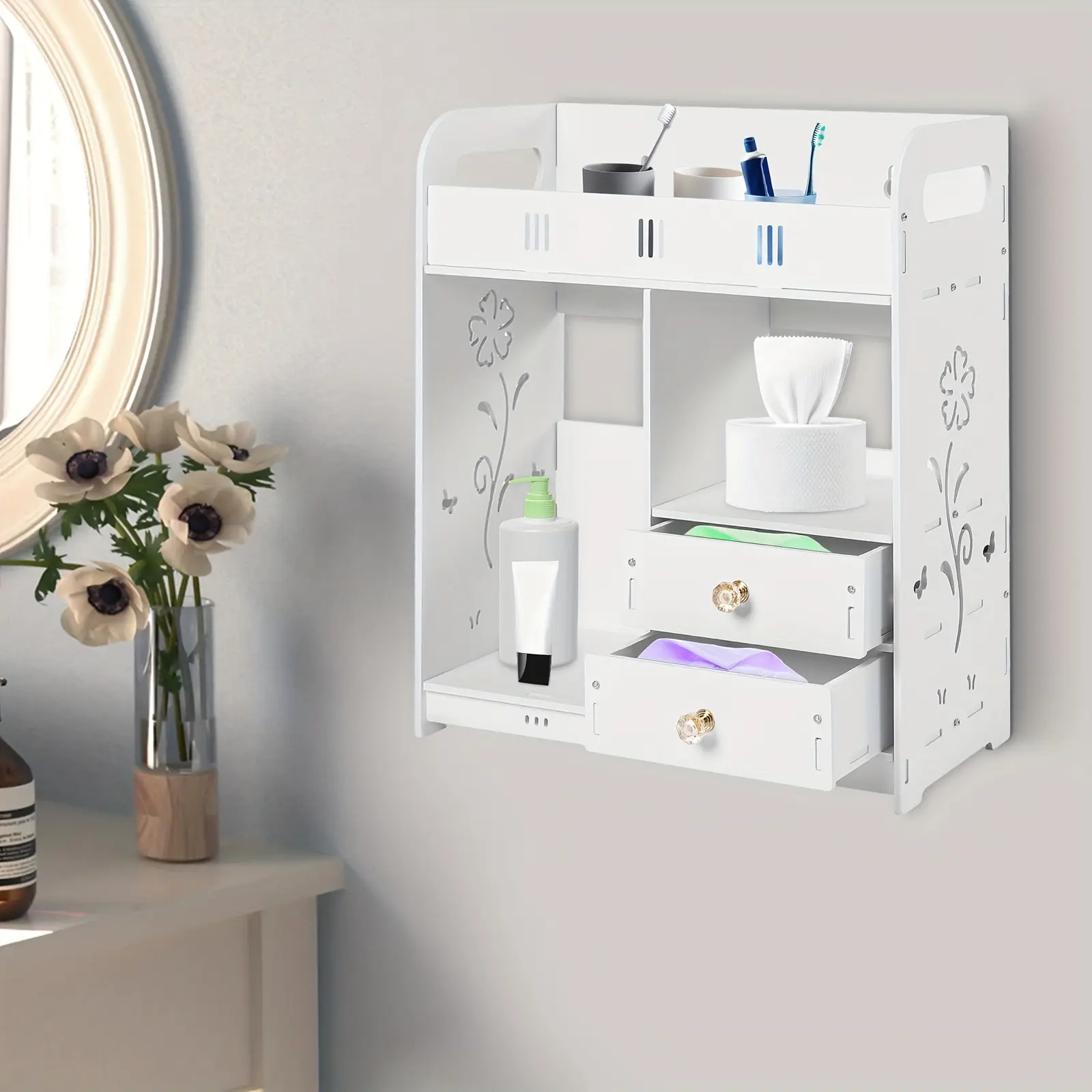 New 2-Drawer White Bathroom Wall Mount Cabinet - Spacious Storage Solution with Durable Polyvinyl Chloride Material Space-Saving Design and Modern Aesthetic