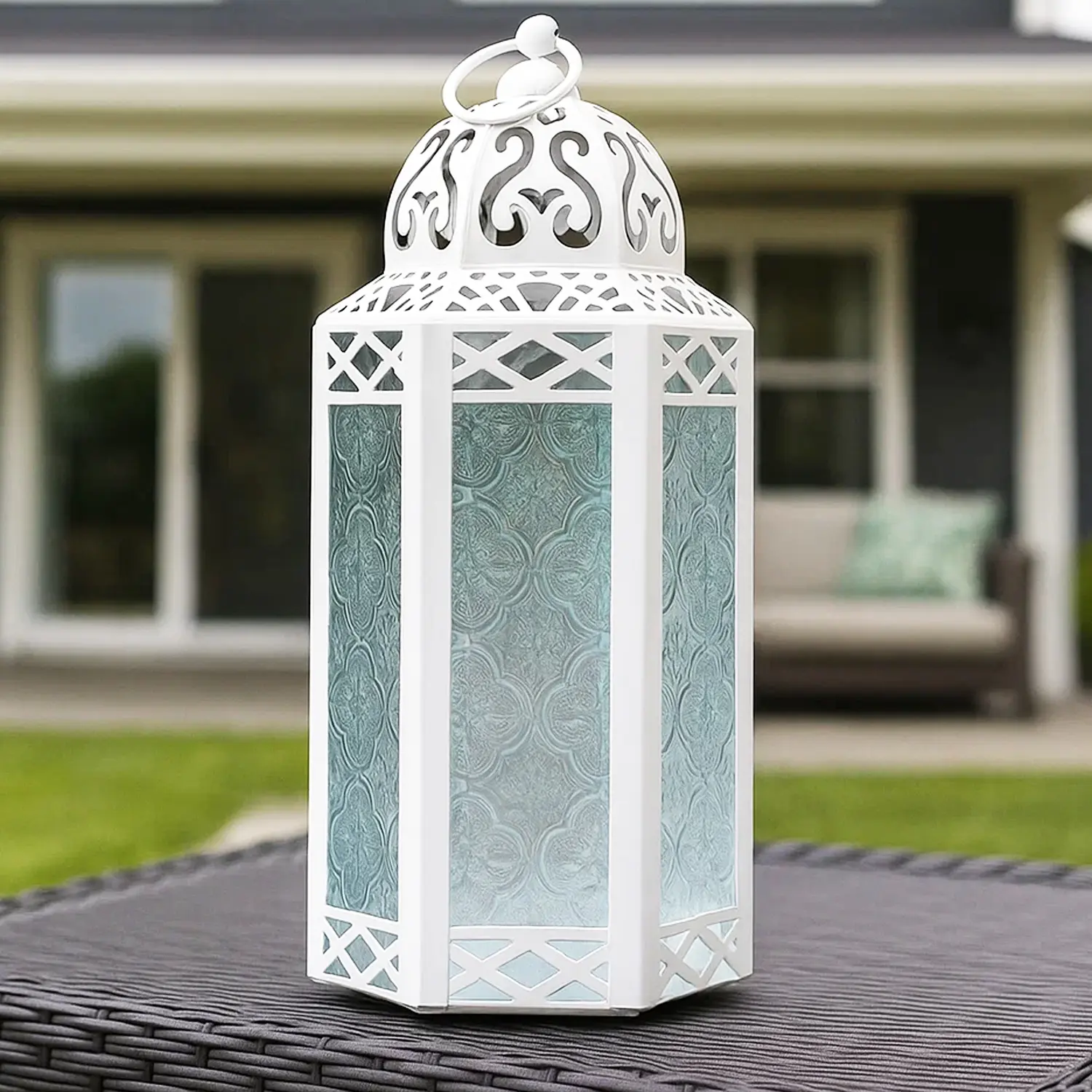 10.5" White Moroccan Candle Lantern - Decorative Holder Lamp for Table or Hanging, Ramadan  Decorations, Outdoor Patio or Porch, Weddings, Medium