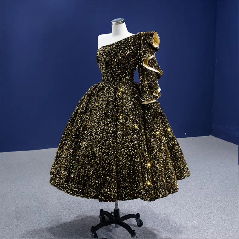 Shiny Black and Gold Elegance: Turkey One Shoulder Luxury Evening Party Dresses for Women