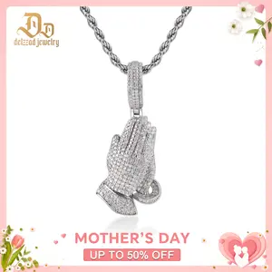 Delzzad 2.5ct Echo of Heaven Starlit Prayer Pendant Praying Hands Pendant Unisex Hip Hop Necklace Chain VVS Synthetic Moissanite Necklace Jewelry Copper Perfect Birthday Wedding Engagement Anniversary Christmas Valentine's Day Mother's Day Easter Gift