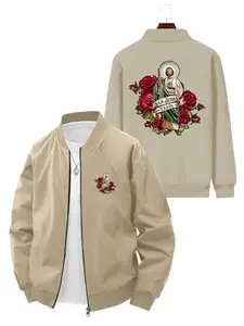 Stylish Personalized Men's San Judas Tadeo Floral Rose Pattern Long Sleeve Bomber Jacket Coats for Daily Casual Wear and Occasions