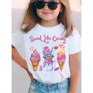 ' Ice Cream Print T-Shirt - Cute Sweet Candy & Ice Cream Cone Patterns, Round Neck Short Sleeve Blouse for to Teen, Spring Summer Fall Casual Wear, Machine Washable Sweet Style Top Rifle