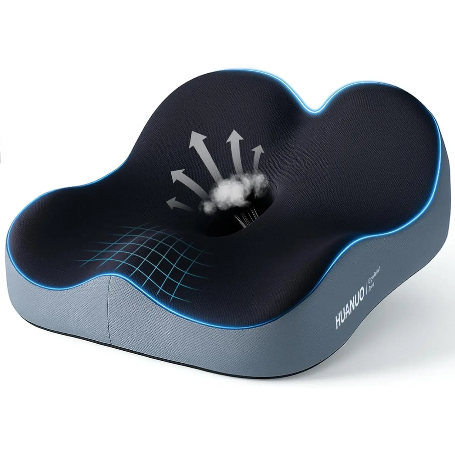 HUANUO Ergonomic Adjustable Contoured Coccyx Support Pillow - High-Density Memory Foam Gel Cushion with Thick Padding, Breathable Cooling Back & Seat Cushions, Removable Cover, Anti-Slip Base for Office Seating, Surgery Recovery
