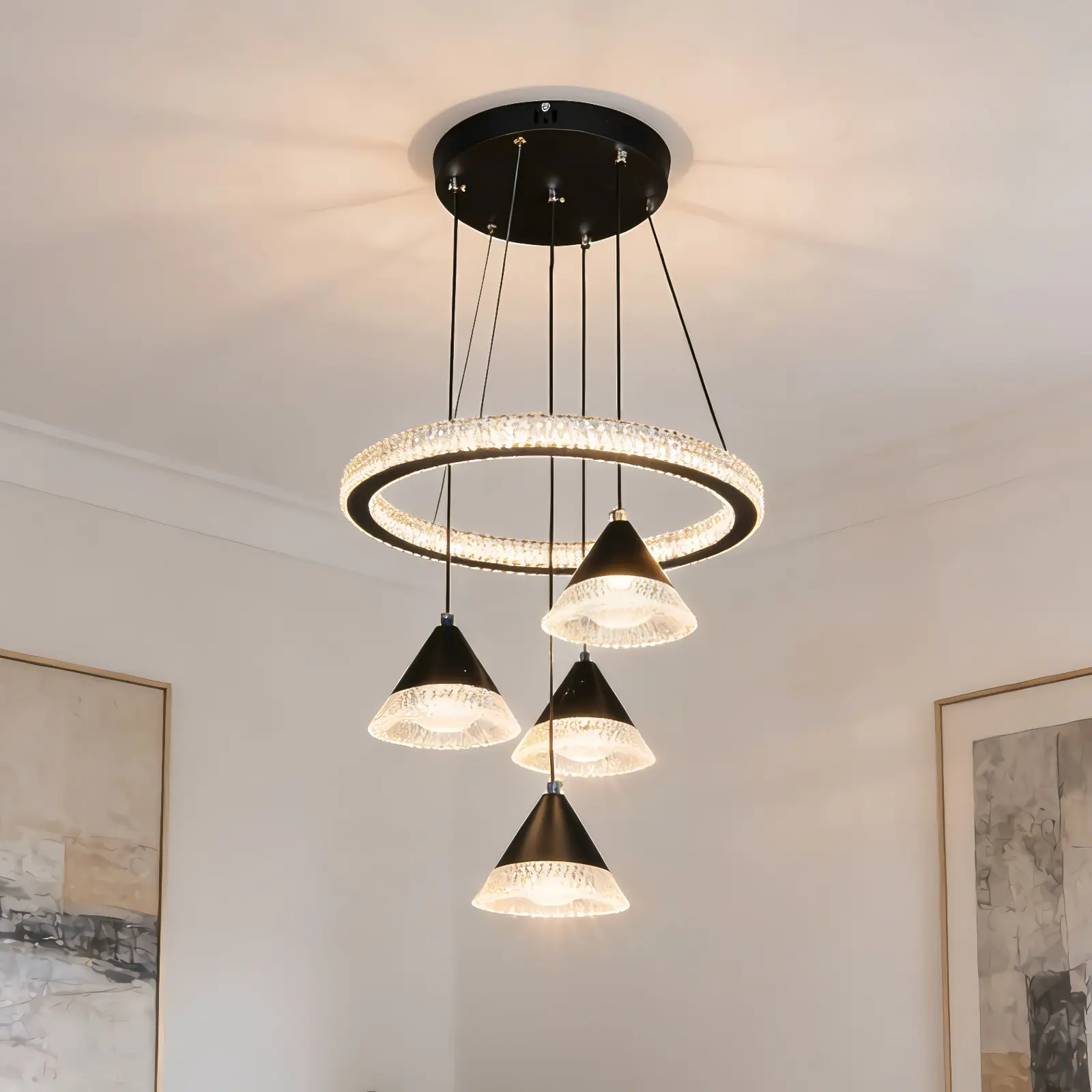 4-Head Black Conical Chandelier, 3-Color LED Pendant Light with 80cm Adjustable Height, Modern Geometric Silhouette Durable Ceiling Lamp for Dining Room, Living Room, All Seasons Home Improvement Indoor Lighting