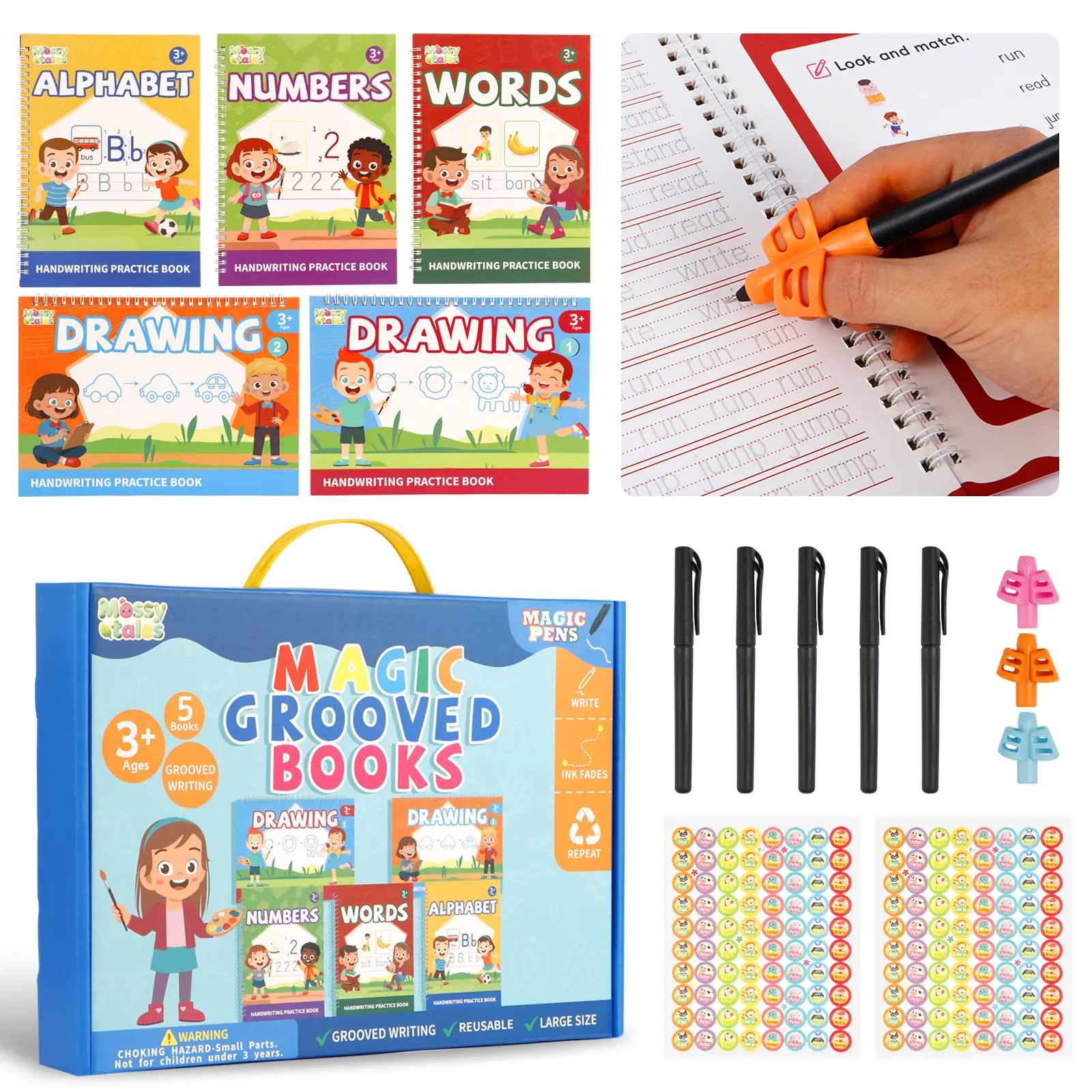 5-Book Reusable Grooved Tracing Preschool Workbook Set - Spiral-Bound Office/School Stationery, Magic Grooved Pages, Learning Tool Gift for Early Elementary Kids, Boosts Word Recognition, Math Exercises, Reusability, Learning for Toddlers, Art for Kids, T
