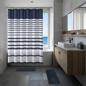 15-Piece Navy Stripe Shower Curtain Bathroom Set – Fabric Curtain with Hooks and Two Bath Rugs