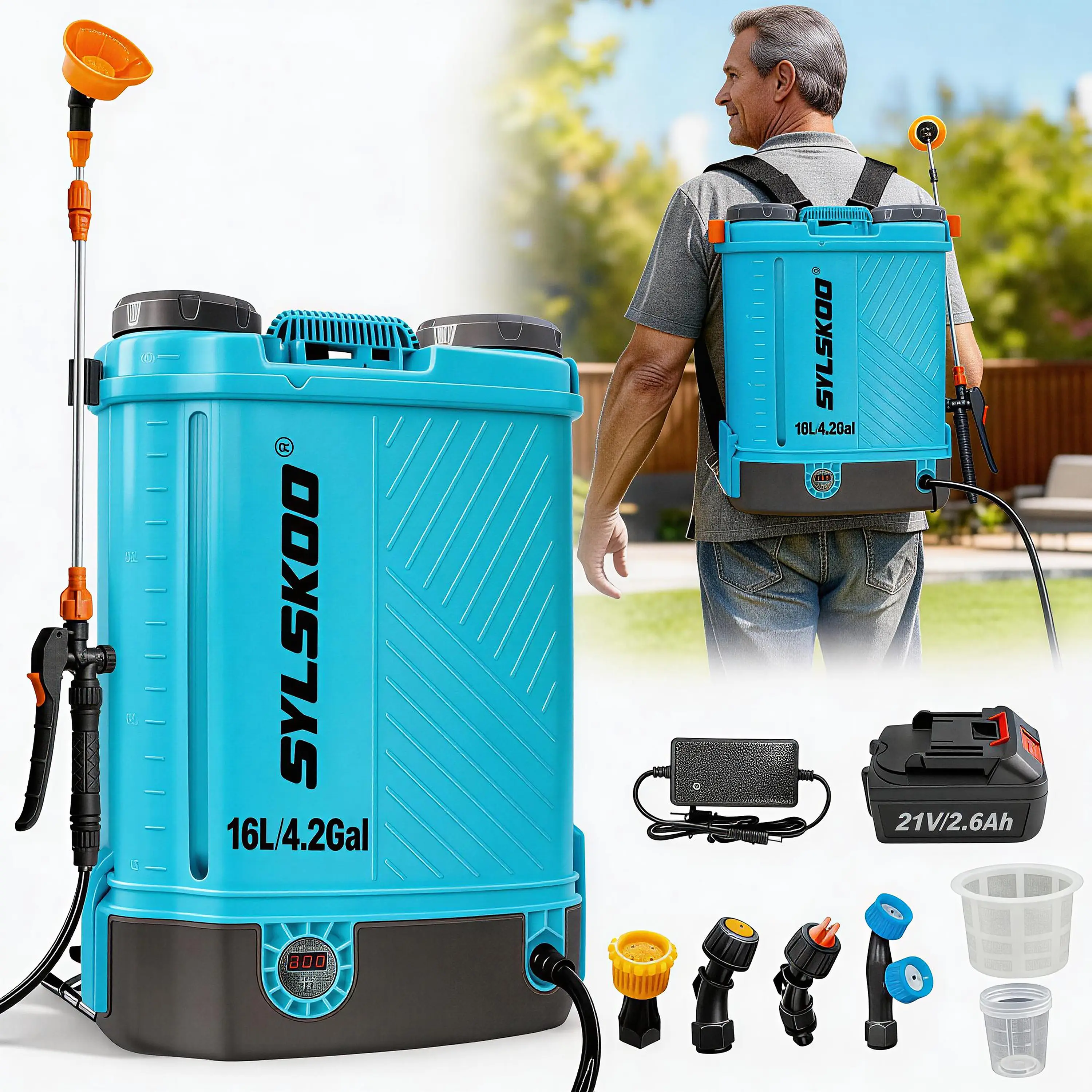 4 Gallon Battery Powered Backpack Sprayer, Adjustable 0-100 PSI, 25FT Hose, 5 Nozzles, 12V 2.6Ah Battery, Electric sprayer for Weeding, Cleaning,Spray pesticide