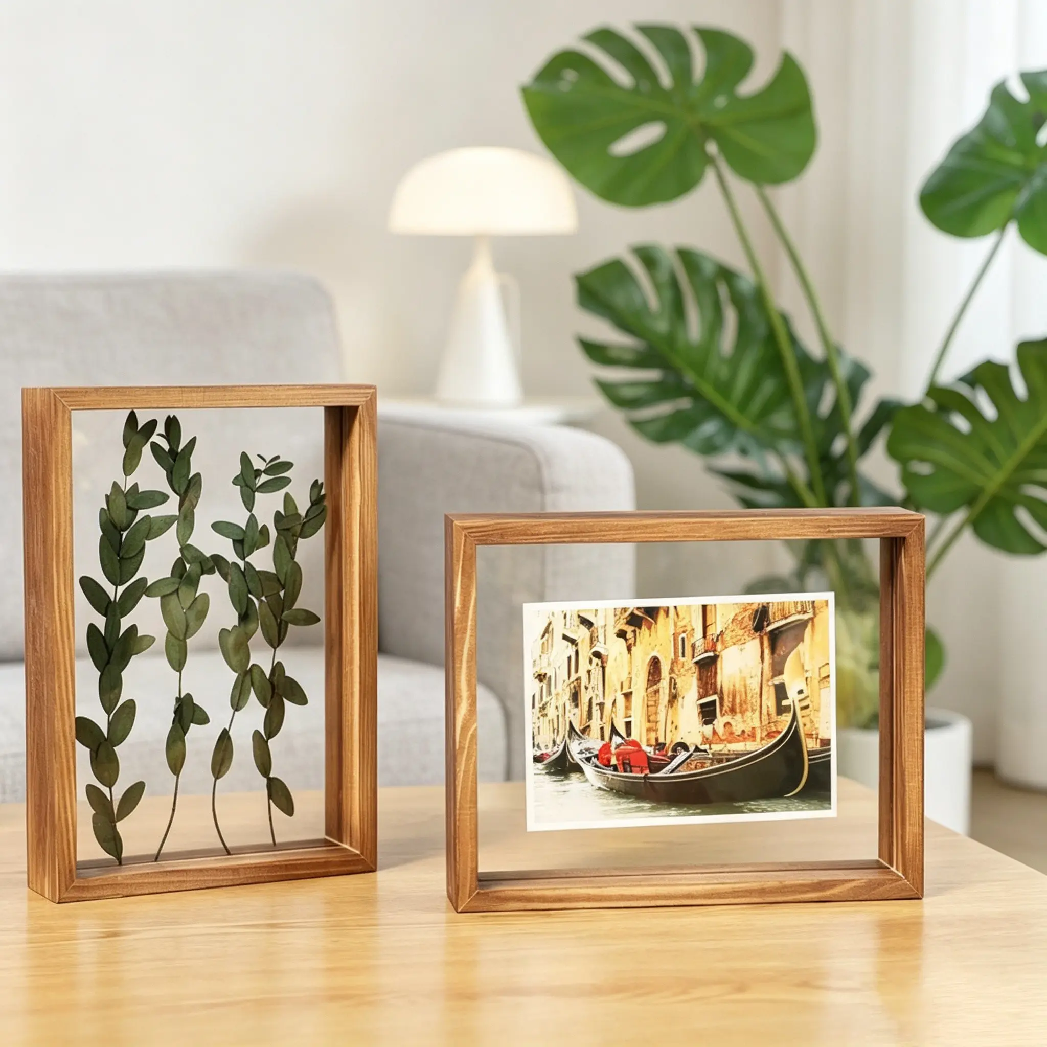 5x7 Floating Picture Frame Set of Two with Wooden Grain Frame for Wall or Desktop Display, Suitable for 4x6 and 3x5 Photos, Dual-Layer Glass Rustic Design Enhances Home Decor and Preserves Family Memories