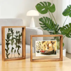5x7 Floating Photo Frame Set of Two with Wooden Grain Frame for Wall or Desktop Display, Suitable for 4x6 and 3x5 Photos, Dual-Layer Glass Rustic Design Enhances Home Decor and Preserves Family Memories
