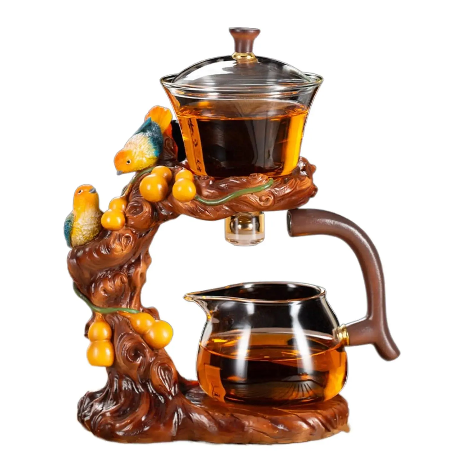 Semi-Automatic Glass Teapot Kungfu Kit - Bird-Design, Hands-Off Rotating Drip, Automatic Water Out, Infuser & Tea Bag Compatible, Durable Matcha Kitchenware Tea Cup Set for Weddings