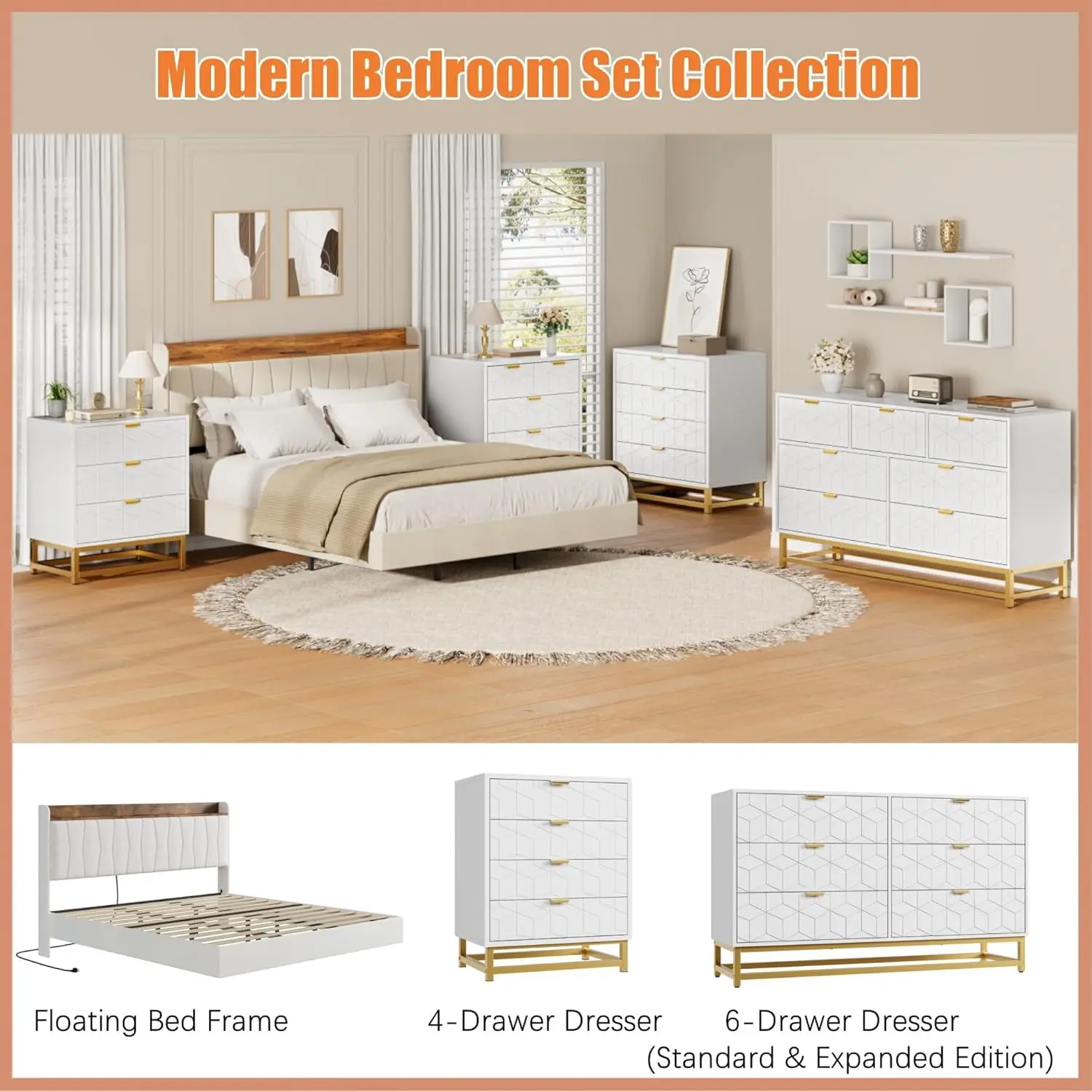 Gaomon 4-Drawer White Engineered Wood Drawer Dresser Cabinet with Metal Legs, Glam Carved Modern Organizer with Divided Units, Easy Setup Bedroom Dresser for Clothing Storage