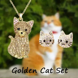 3 Pcs/Set Adorable & Exquisite Golden Cat Pendant Earrings Set, Cute Kitty Animal Alloy Jewelry Gift For Cat Lovers, Birthday, Christmas, Theme Parties Perfect Birthday And Holiday Gifts For Family And Friends With Fashionable Jewelry And Accessories
