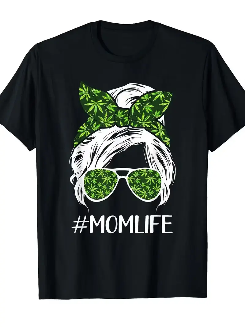 Funny Mom Cannabispattern Weedpattern Mom Lady Messy Bun Mother‘s Day T-shirt Weedpattern Cotton Round Neck Short Sleeve Casual T-shirt
