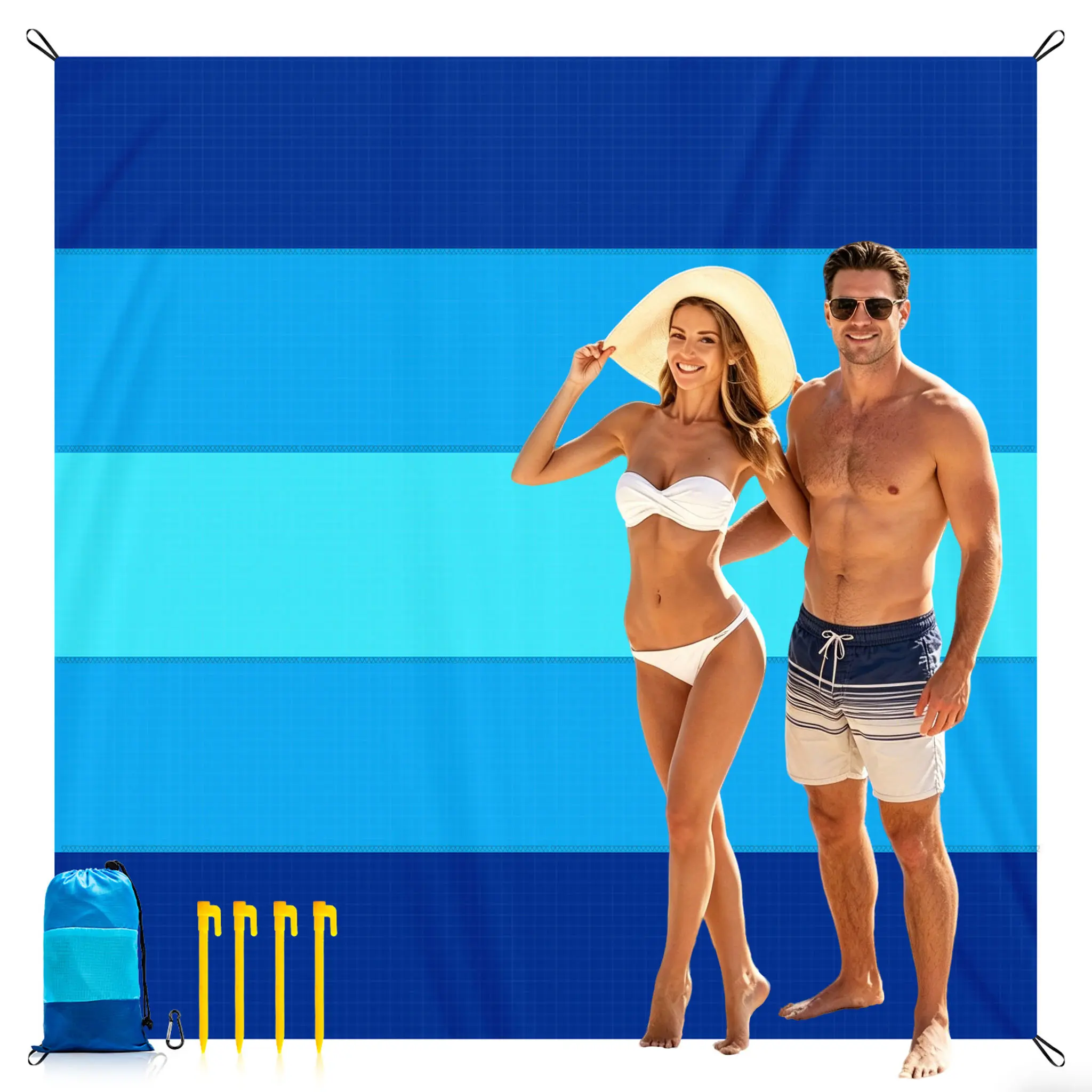 Large Capacity Picnic Blanket, 79"x83" Oversized Sandproof Nylon Mat for Beach Days - Lightweight Outdoor Camping Supplies and Travel Accessories, Water-Resistant with 4 Stakes & Pockets, Nylon Fabric, Park, Sunbathing Mat Picnic Blankets, Hiking / Light,