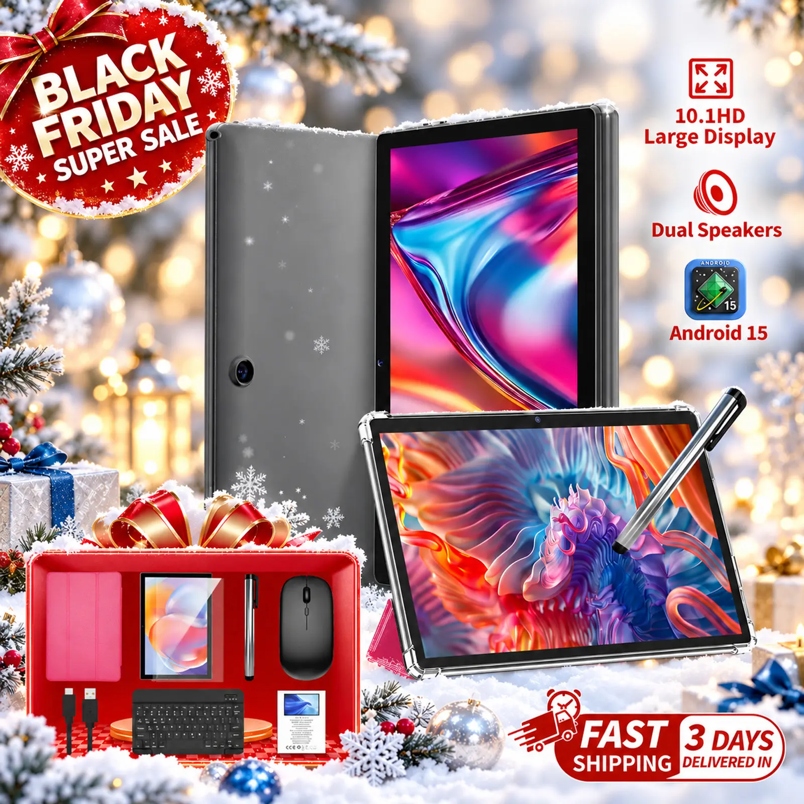 【FALL DEALS】Relndoo 10.1-Inch Android 15 Tablet, 5G Wireless, 64GB ROM, 8h Long Battery (6000mAh), Type-C Port, Foldable Design, Bluetooth, Stylus & Keyboard Support, Included Keyboard, Mouse, Stylus, Case, Xmas Gift, Rechargeable