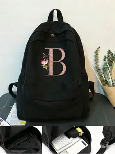 Large-capacity canvas backpack with rose gold letter pattern, customizable with initials (A-Z), unisex, outdoor school bag, laptop storage bag, suitable for hiking, camping, and other outdoor activities