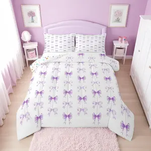 Purple Bow Tie Comforter Set for Girls | Purple Coquette Bows Bedding Set,for Kids Women,Princess Ribbon Bow Bed Set,Cute Preppy Bowtie Room Decor