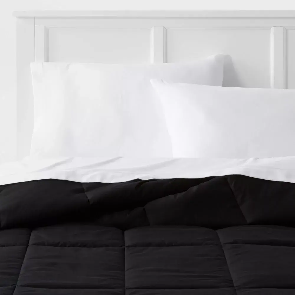 Full/Queen Down Alternative Washed Microfiber Reversible Comforter Black - Room Essentials: OEKO-TEX Certified 190 Thread Count