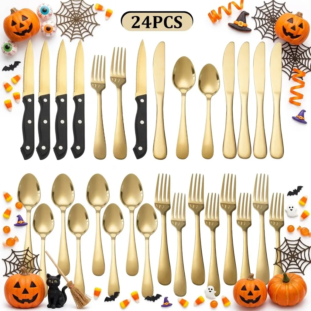 24-Piece Gold Stainless Steel Flatware Set, Dishwasher Safe Cutlery Set, 4 Steak Knives Included, Elegant Dinner Utensils, Gold-Tone Dinner Sets for Home Kitchen, Daily Use, Restaurant, Party, Wedding Use,