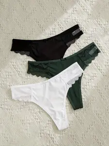 Women's Solid Contrast Lace Thong, Trim Lace Panty, Basic Comfy Breathable Fit Panties for Daily Wear, Underwear for All Seasons, Lace Trim Knickers