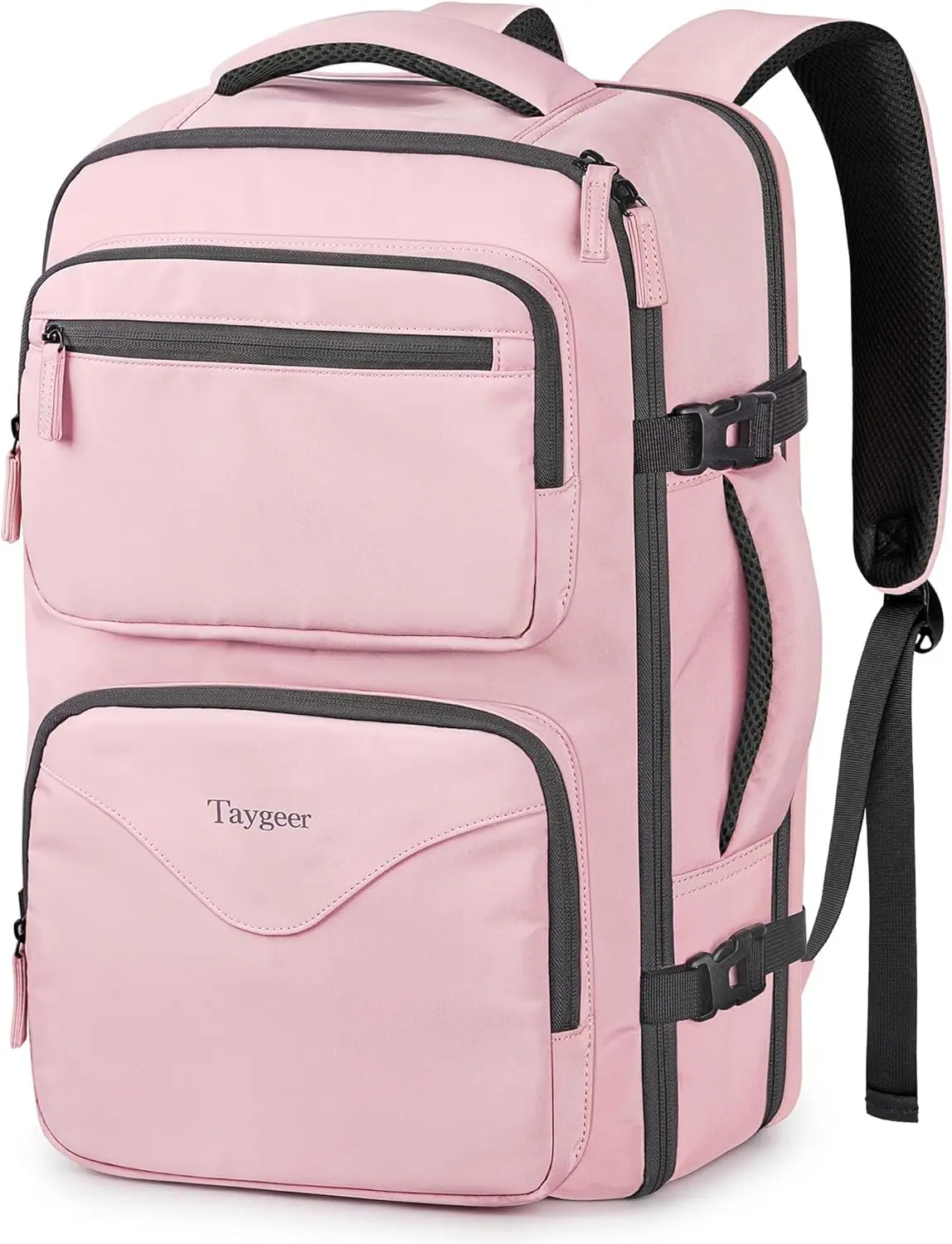 Taygeer 18x14x8in Women's Zipper Personal Item Backpack, TSA Approved Under Seat Travel Bag with Water Pocket & Shoe Pouch, Fits 15.6in Laptop for Airplane Use, Pink