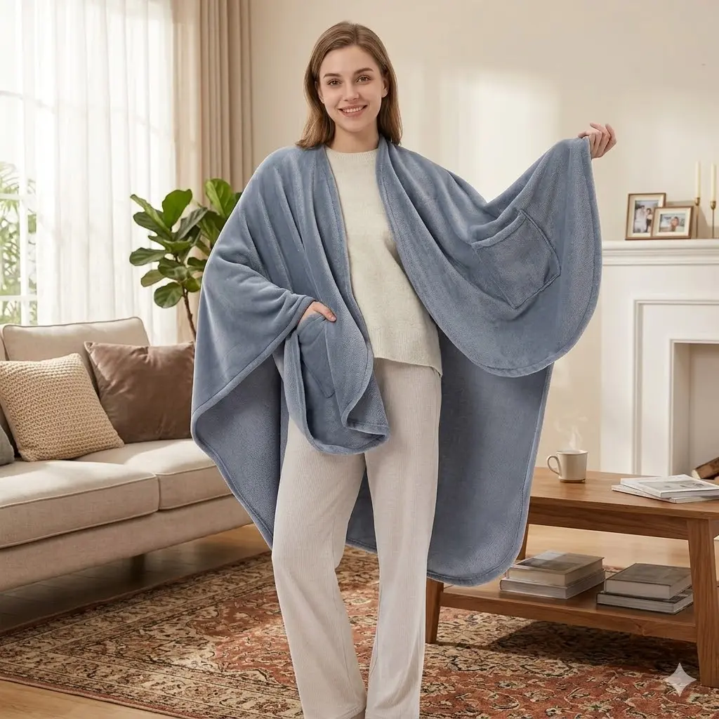 [Back to school] Women's Oversize Lightweight Flannel Wrap Blanket - 58"x64", Pocket, Smooth Texture, Cozy Wrap, Indoor Warmth, Classic Plus Size Year-Round Loungewear, Ideal Gift,lady in blanket wrap