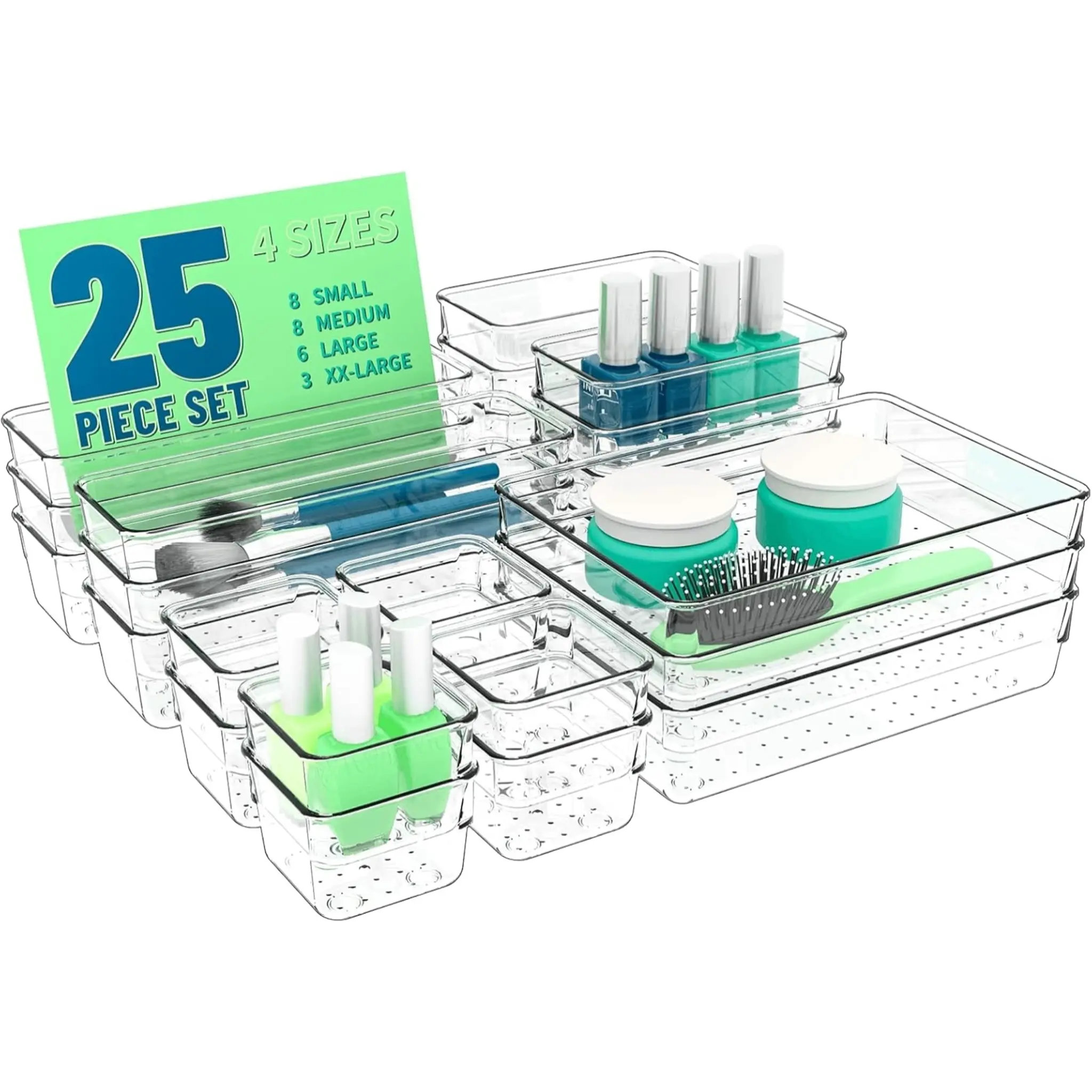 8/25 PCS Clear Plastic Drawer Organizer Set, 4 Mixed Sizes Stackable Storage Trays and Drawer Dividers for Makeup, Jewelry, Gadgets, Kitchen Utensils, Bathroom Essentials, Bedroom Dresser, Vanity, Office Desk and Dorm Organization