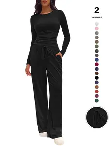 Women's Two-Piece Homecoming Set, Long Sleeve Top & Wide-Leg Adjustable Drawstring Pants, Casual Match, Comfortable Fashion, Perfect for Home Wear