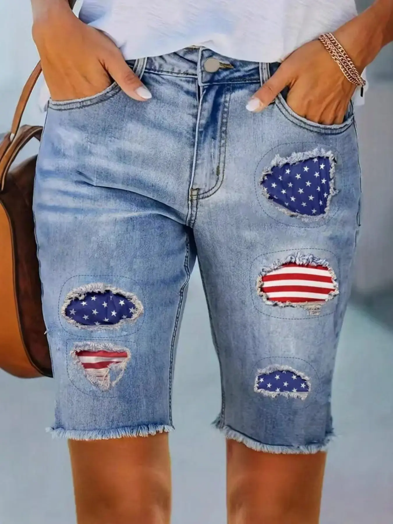 Women's Casual Mid-Length Denim Bermuda Shorts, American Flag Star Patch Style, Comfortable Fitted Shorts for Daily Wear