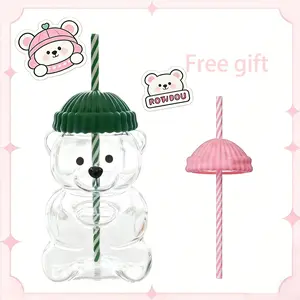 Bear Shaped Glass Cups Romantic Pink & Green Teddy Bear Mug with Airtight Cap Decorative Jar for Valentine’s Party Engagement Anniversary Gift Creative Cocktail & Soda Glassware