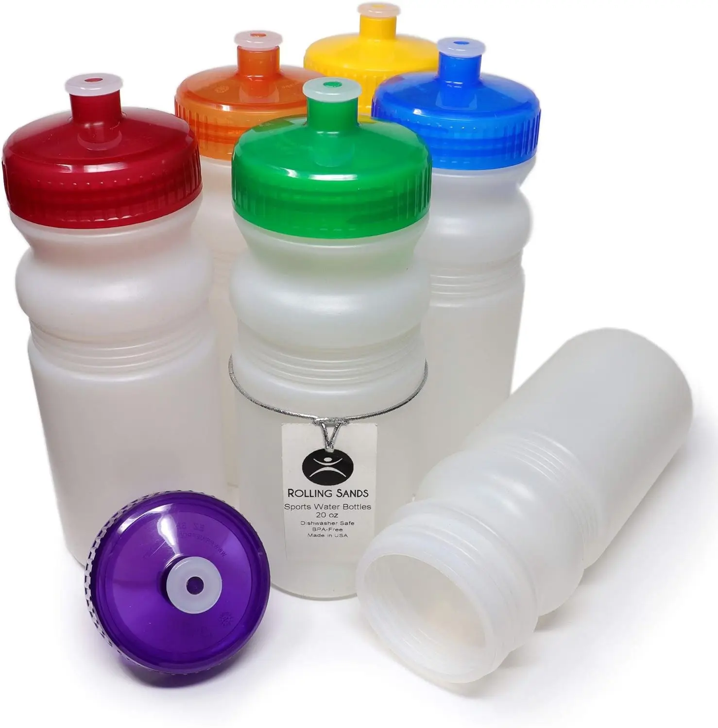 USA Made 20 Ounce Sports Water Bottles - 6-Pack BPA-Free Blank Sports Bottles for Small Teams, Adults & Kids - Clear Frost Bottle/Rainbow Lid, No Smell No Taste Gift