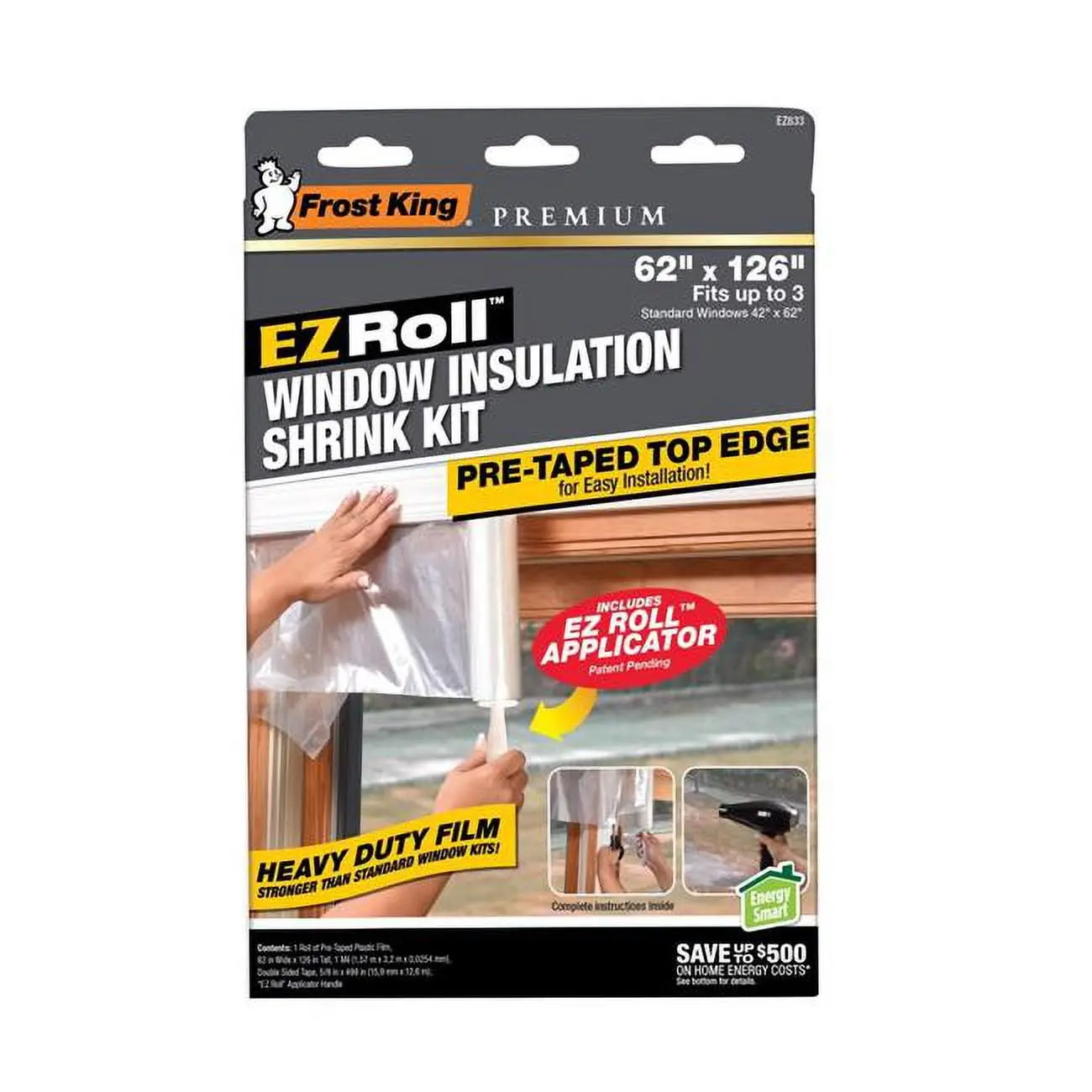 Frost King 3-Pack Window Insulator Kit, Durable Heavy-Duty Indoor Shrink Film with EZ Roll-On Pre-Taped Adhesive, 62 x 126 in, 62X126 In, Pre-Taped Edges, Energy Savings, Shrink Plastic, Heavy-Duty Film, 3-Pack Kit
