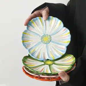 4pcs Colorful Petal Ceramic Plates, Hand-Painted Floral Ceramic Dishes, High-Quality Multi-Color 6 Inch Serving Plates, Ideal Gift, Versatile Usage, Ceramic Tableware, Flower