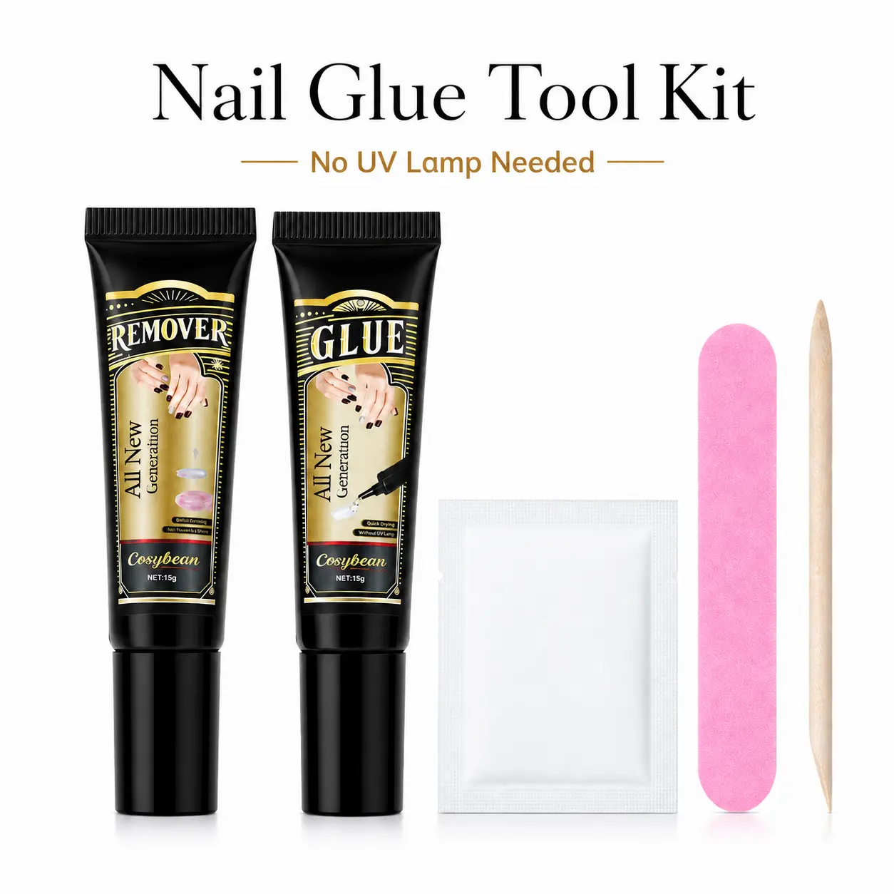 Cosybean 15 g nail glue and 15 ml remover set — press-on nail essential dual combo: no UV/LED lamp needed, strong adhesion, long-lasting hold, gentle formula