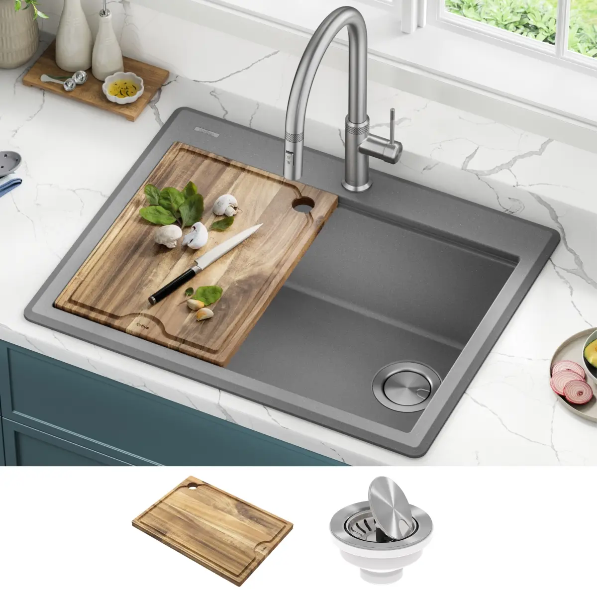 Kraus KGTW12-28MGR 28 in. Bellucci Granite Composite Workstation Drop-In Top Mount Single Bowl Kitchen Sink with Accessories, Metallic Grey