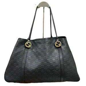 Pre-owned GUCCI Full Leather Monogram Tote Bag Large Size Shopping Bag Classic Double G Embossed Design Black Cowhide Material Spacious Practical