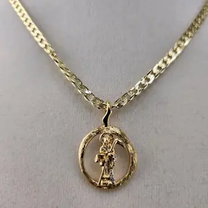 38 - 14K Goldplated Santa Muerte Pendant with Chain Elegant Durable Design for Everyday Wear Luxurious Finish Unique Accessory Unisex