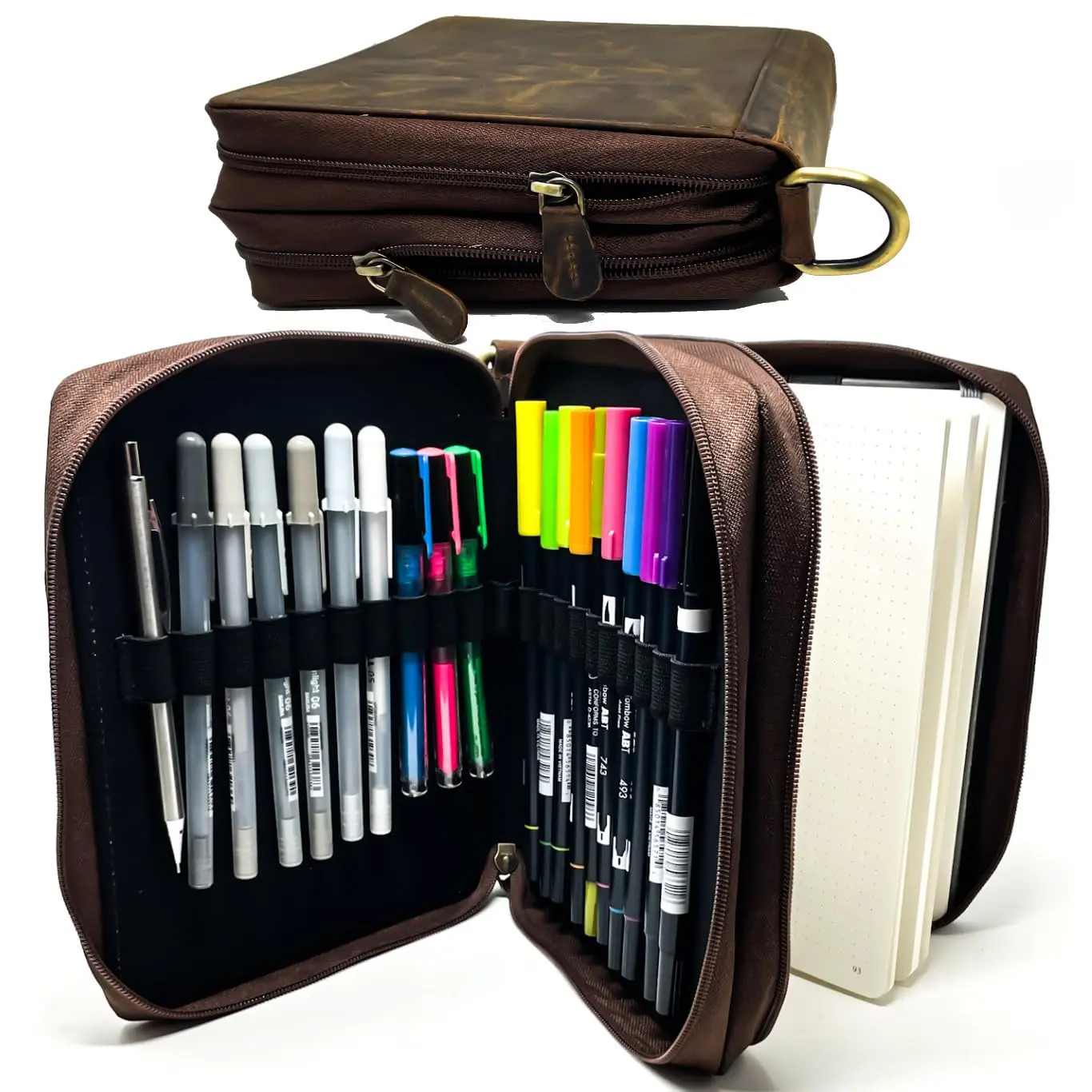 Deluxe Leather Journal Cover and 16 Pen Loop Case for Artists, Writers & Creatives