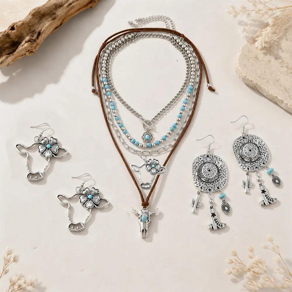 9Pcs Vintage Necklace & Earrings Set Bohemian Turquoise Bull Head Pendant Multi-layer Layered Choker Beaded Necklace Western Cowboy Boot Hat Drop Dangle Earrings Vacation Travel Beach Jewelry Holiday Wear Accessories Set