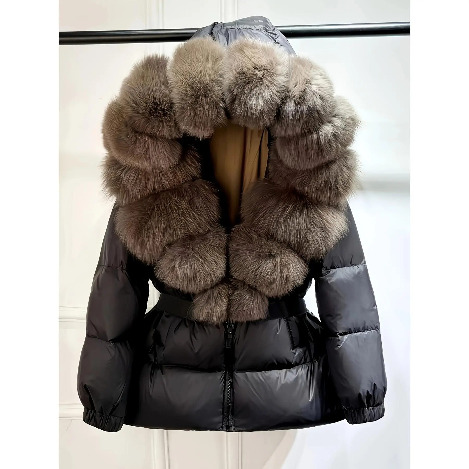 Women's Elegant Solid Woven Winter Parka Coat, Hooded and Belted Jacket with Large Faux Fur Trim, Hoodie, Fabric, Regular