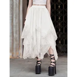 Lace Trim Layered Mesh Tulle Skirt High Waist Asymmetrical Long Goth Skirt