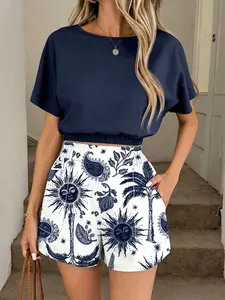 Women's Summer Two-Piece Set, Sun Palm Print Crop Top + Elastic Waist Shorts, Casual Fashion, Comfortable and Stylish