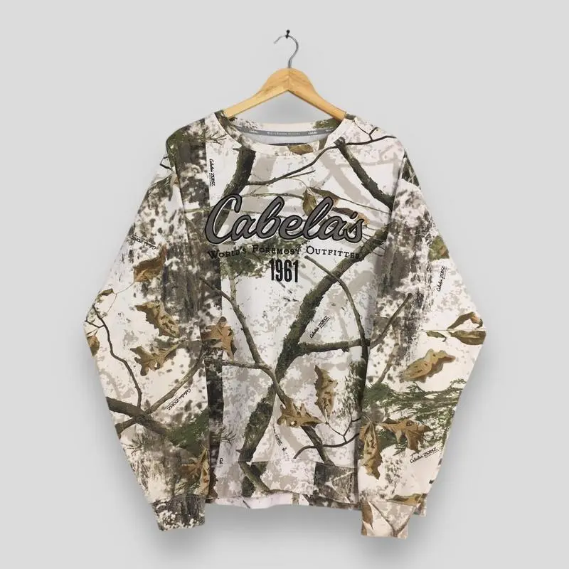 Vintage Cabela's Camouflage Sweatshirt Large Real Tree Hunting Pullover Mossy Oak Printed Crewneck, Unique Graphic Hoodie, Stylish Streetwear