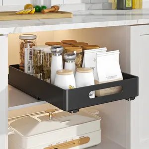 【Christmas Gift】Black Pull Out Cabinet Organizers 14.5" Deep Slide Out Drawers Fixed with Adhesive Film for Pots, Roll Out Shelf Storage for Kitchen Base Cabinet Organization, Black Adjustable Racks Expandable Smooth