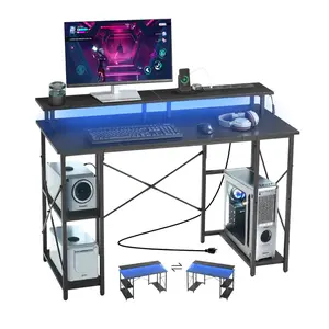 【DealsForYouDays】VEVOR 47" Gaming Desk with LED Lights & Power Outlets, Computer Desk with Monitor Stand & 2-Tier Storage Sheves,  Study Work for Home Office, Black