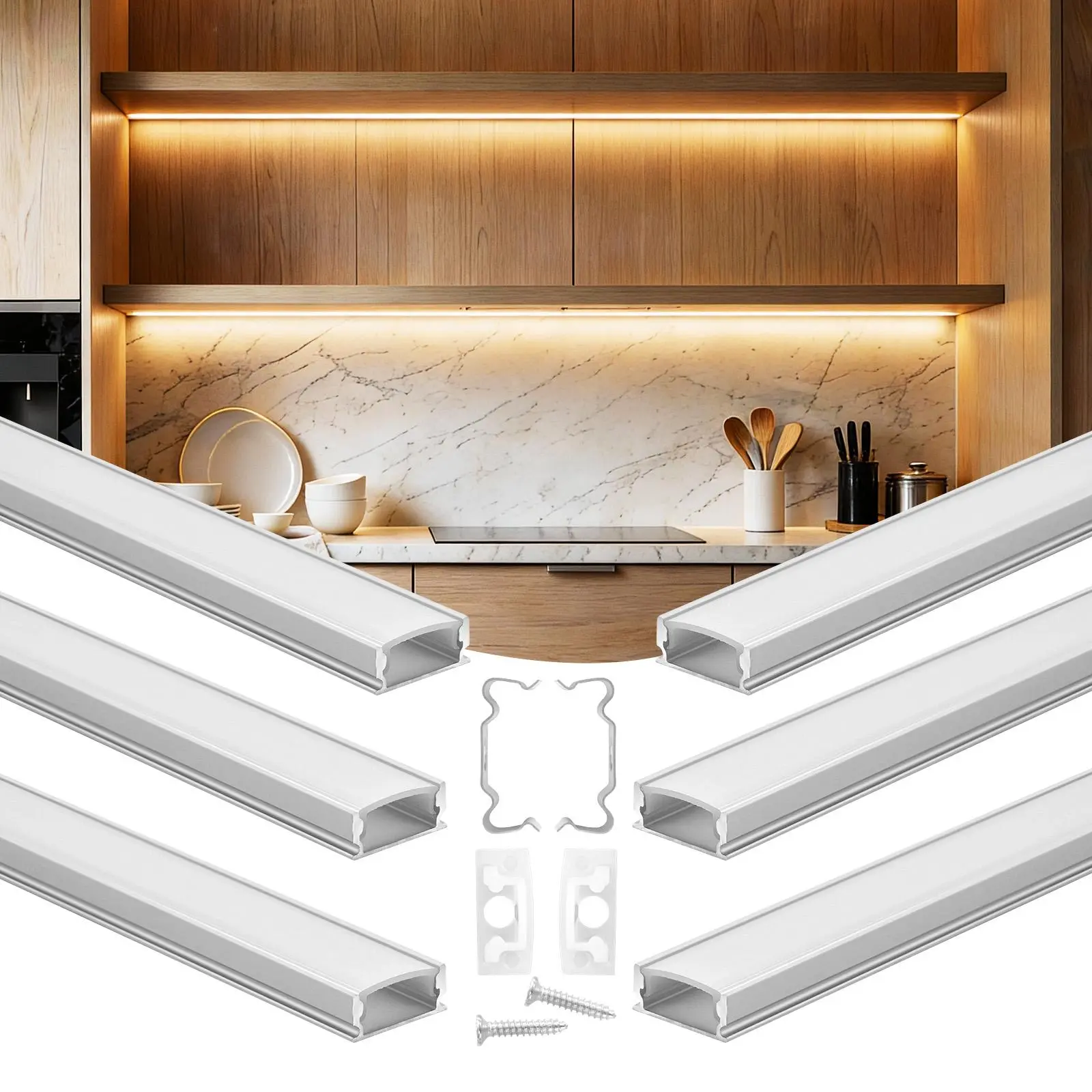 VEVOR 6-Pack Metal U-Shape LED Aluminum Channel Kit (3.3 ft/1M, Milky Dustproof Cover, End Caps, Mounting Clips) - Heat Resistant, Light-Diffusing Home Improvement Accessory for Under Cabinet, Bookshelves (Easy Setup for Beginners, Father's Day Gift), War